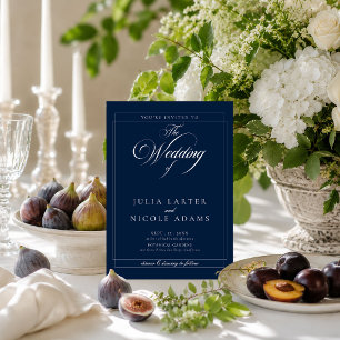 Classic Navy Blue Ivory Calligraphy QR Wedding Invitation