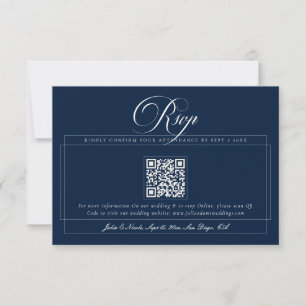 Classic Navy Blue Ivory Calligraphy QR Wedding RSVP Card