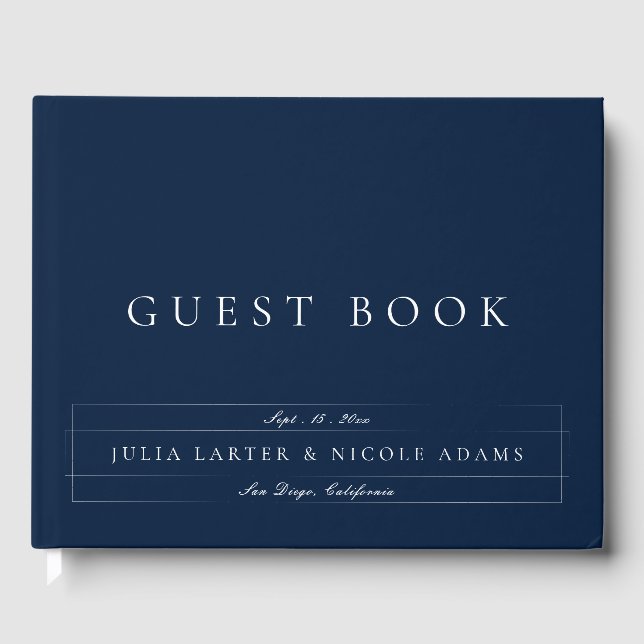 Classic Navy Blue Ivory Calligraphy Wedding Guest Book (Front)