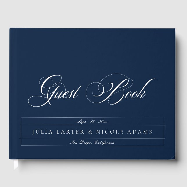 Classic Navy Blue Ivory Calligraphy Wedding Guest Book (Front)