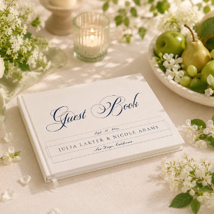 Classic Navy Blue Ivory Calligraphy Wedding Guest Book