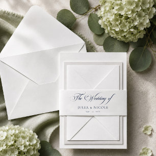 Classic Navy Blue Ivory Calligraphy Wedding Invitation Belly Band