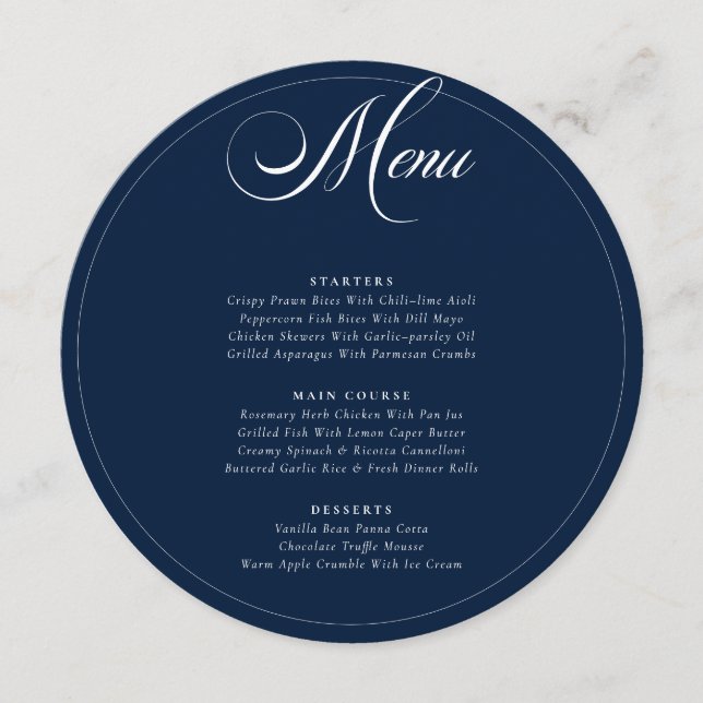 Classic Navy Blue Ivory Calligraphy Wedding Menu (Front)
