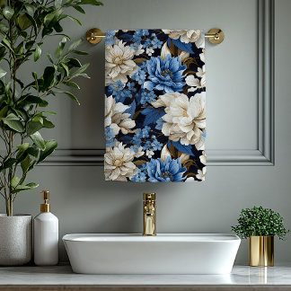 Classic Navy Blue Ivory Gold Floral Towel