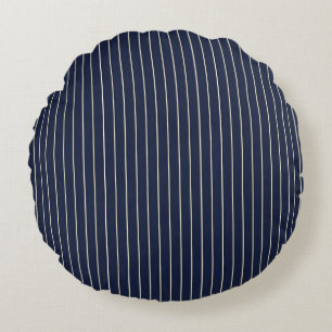 Classic Navy Blue Ivory Pinstripes Round Cushion