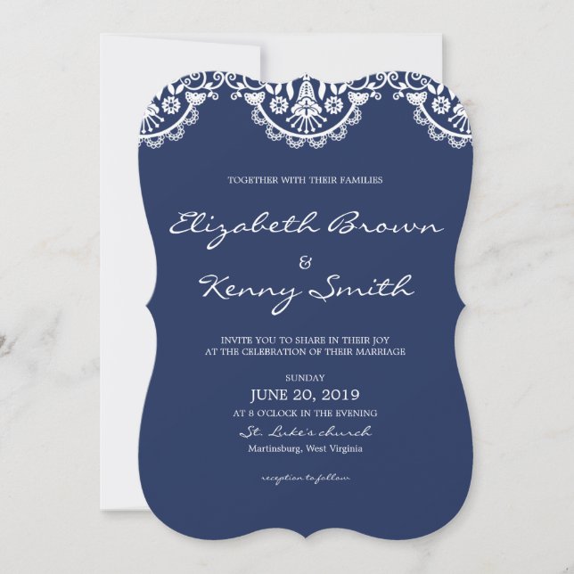 Classic Navy Blue Lace Wedding Invitation Card (Front)