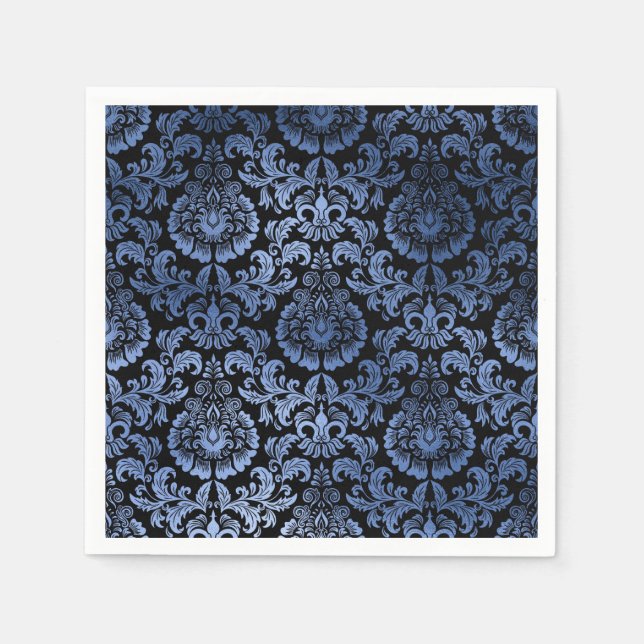 Classic Navy Blue Metal Foil Swirls Damask Napkin (Front)