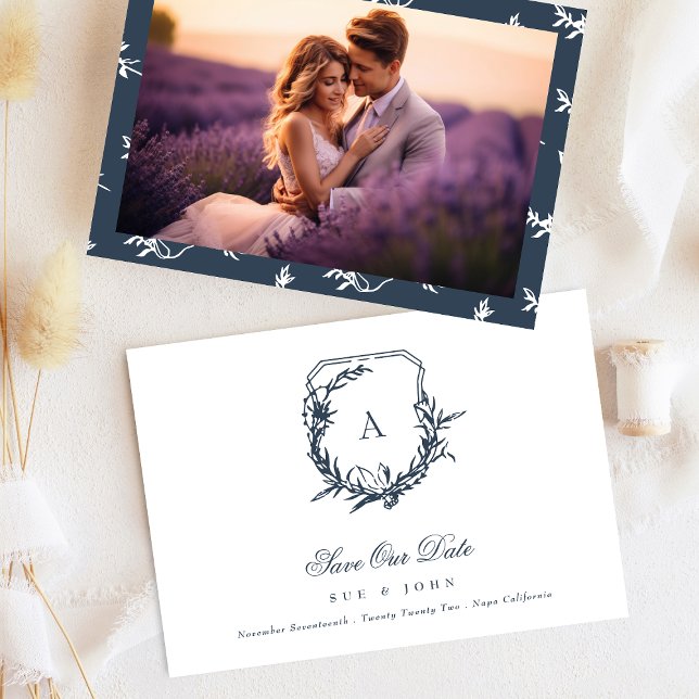 Classic Navy Blue monogram crest Photo Save The Date (Creator Uploaded)