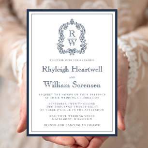 Classic Navy Blue Monogram Crest White Wedding Invitation