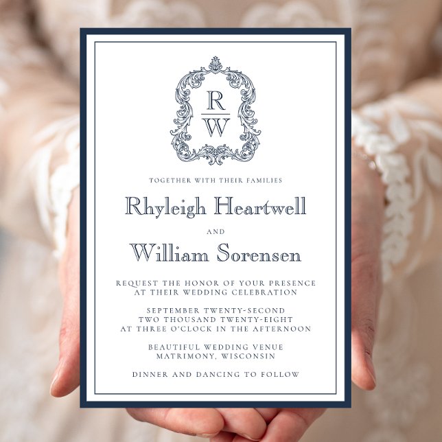 Classic Navy Blue Monogram Crest White Wedding Invitation (Creator Uploaded)