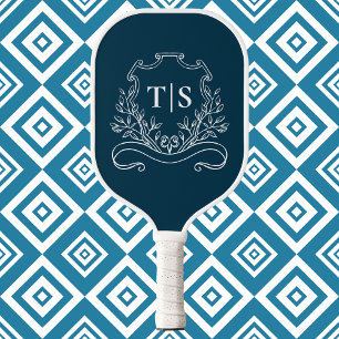 Classic Navy Blue Monogram Custom Initial Crest Pickleball Paddle