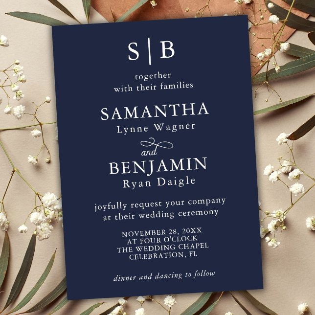 Classic Navy Blue Monogram Initials Wedding Invitation (Creator Uploaded)