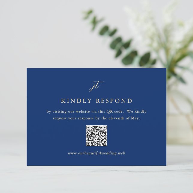 Classic Navy Blue Monogram QR Code Elegant Wedding RSVP Card (Standing Front)