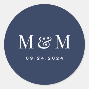 Classic Navy Blue Monogram Typography Wedding Round Sticker