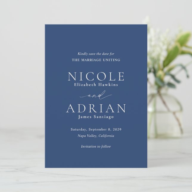 Classic Navy Blue Photo Elegant Wedding Save The Date (Standing Front)