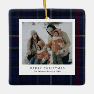Classic Navy Blue Plaid Family 4 Photo Holiday Ceramic Ornament