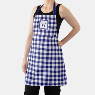 Classic Navy Blue Plaid Monogram Apron
