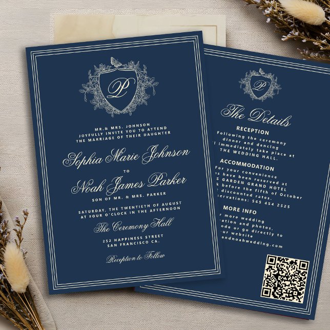 Classic navy blue QR code formal monogram wedding  Invitation (Creator Uploaded)