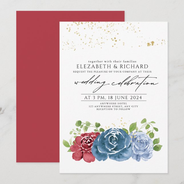 Classic Navy Blue Red Floral Greenery Wedding  Invitation (Front/Back)