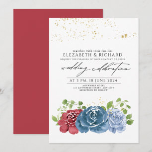 Classic Navy Blue Red Floral Greenery Wedding Invitation