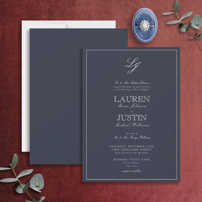 Classic Navy Blue Script Monogram Wedding Invitation (Creator Uploaded)