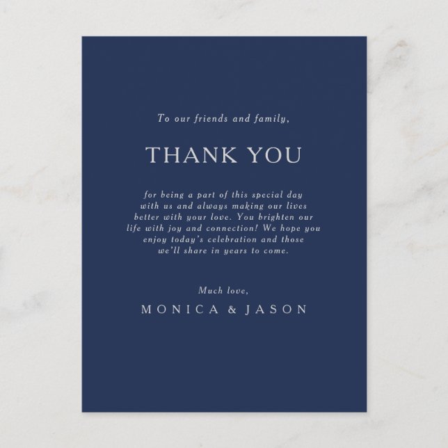 Classic Navy Blue Silver Thank You Reception Card  (Front)
