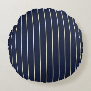 Classic Navy Blue Skinny Ivory Pinstripes Round Cushion