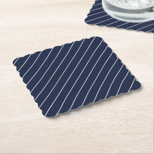 Classic Navy Blue Svelte Ivory Pinstripes Paper Coaster