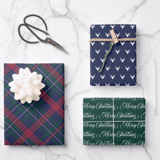 Classic Navy Blue Tartan Plaid Merry Christmas Wrapping Paper Sheet (Front)