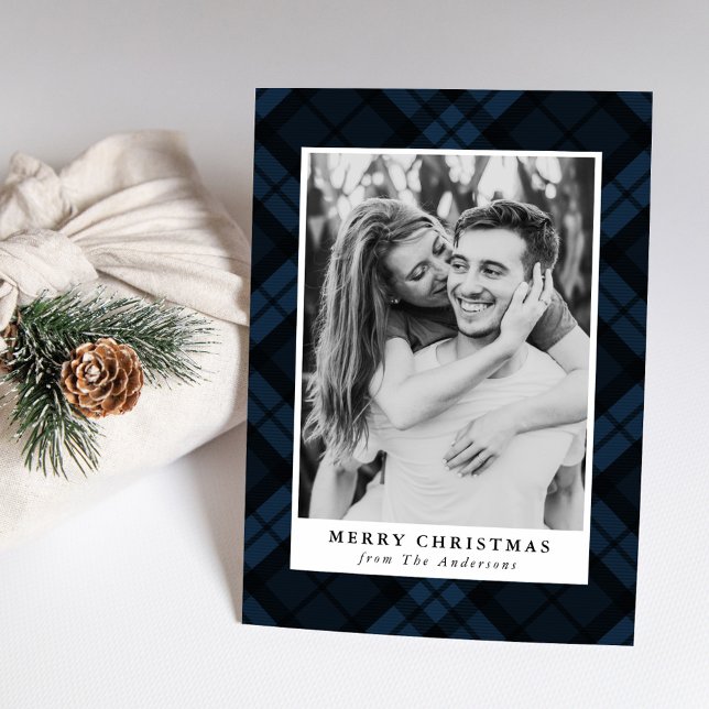 Classic Navy Blue Tartan Plaid Photo Holiday Card (Creator Uploaded)