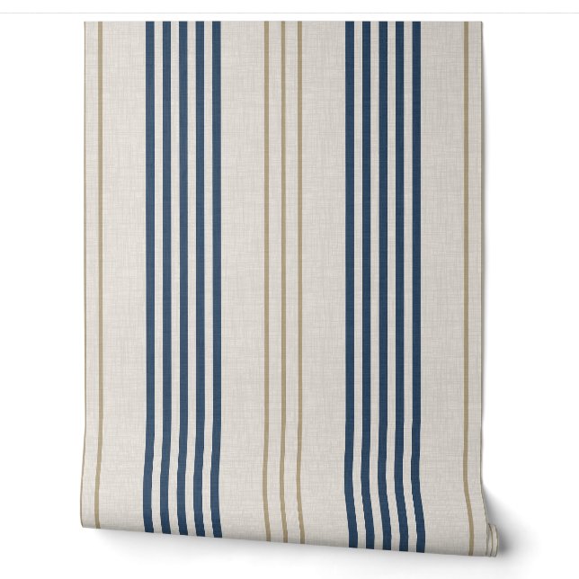 Classic Navy Blue Ticking Stripe Pattern Wallpaper (Unrolling)