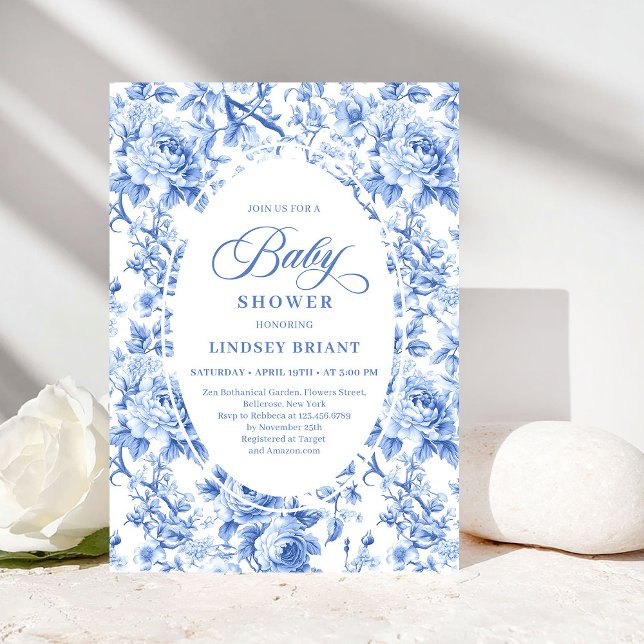 Classic Navy Blue Toile Rose Baby Shower Invites (Classic Navy Blue Toile Rose Baby Shower Invitation)