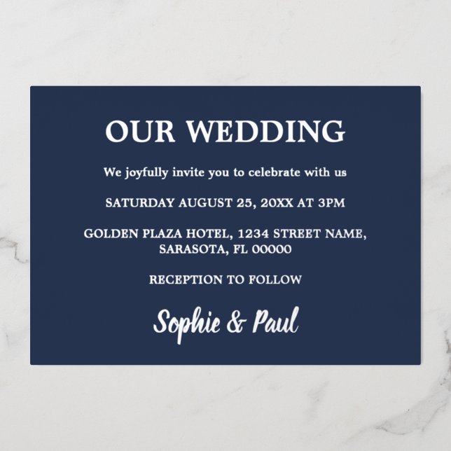Classic Navy Blue Wedding Foil Invitation (Front)