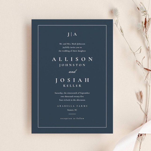 Classic Navy Blue Wedding Invitation (Elegant navy blue wedding invitation with classic monogram and typography, and simple frame.)
