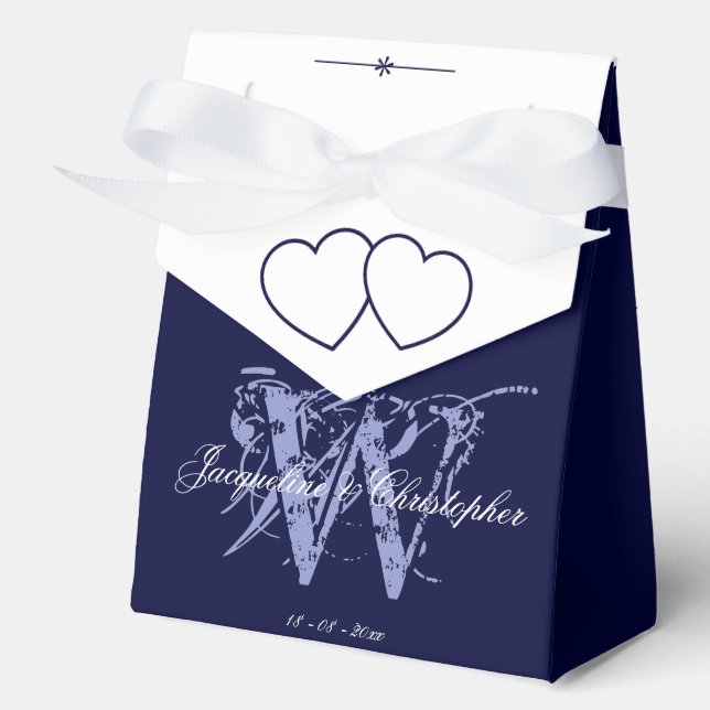 Classic Navy Blue Wedding Monogram White Names Favour Box (Front)