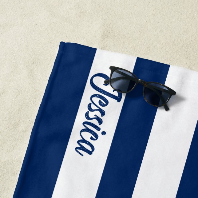 Classic Navy Blue White Cabana Strip Personalised  Beach Towel (In Situ)