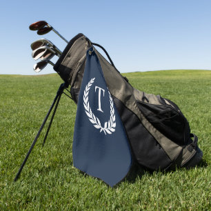 Classic Navy Blue & White Initial Laurel Monogram Golf Towel
