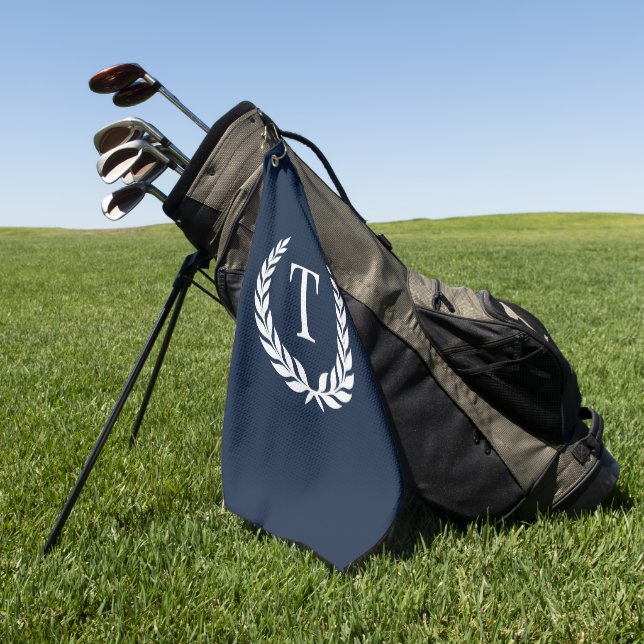 Classic Navy Blue & White Initial Laurel Monogram Golf Towel (Green)