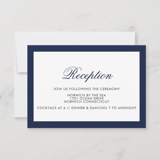 Classic Navy Border Formal Wedding Reception Card (Front)