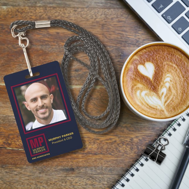Classic Navy Burgundy Gold Monogram Logo Photo ID Badge (Creator Uploaded)