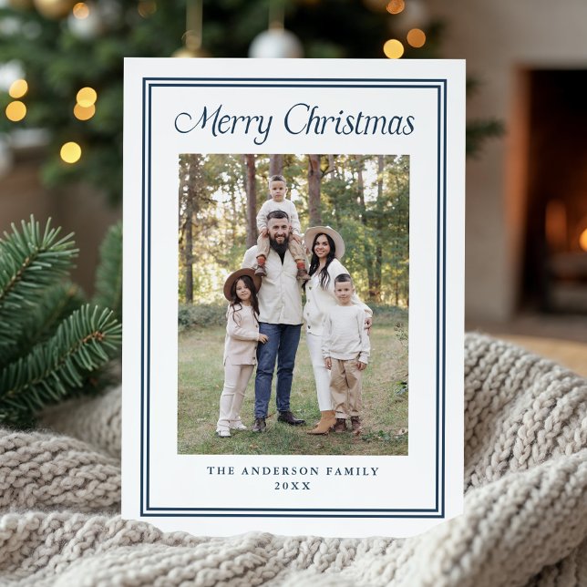 Classic Navy Double Border Frame 2 Photo Holiday Card (Creator Uploaded)