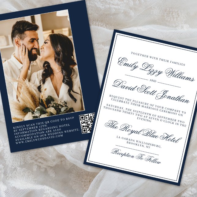 Classic Navy Elegant Script QR Photo Invitation (Creator Uploaded)