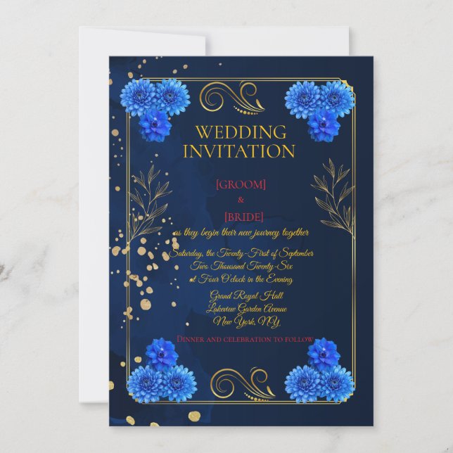 Classic Navy Floral Wedding Invite Template (Front)