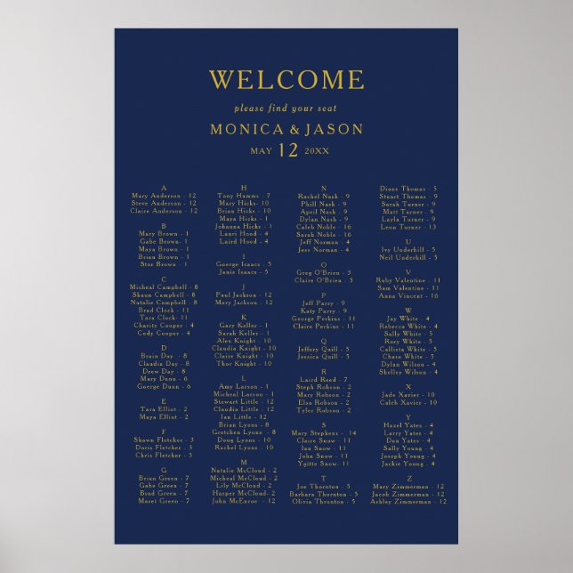 Classic Navy | Gold Alphabetical Seating Chart (Front)
