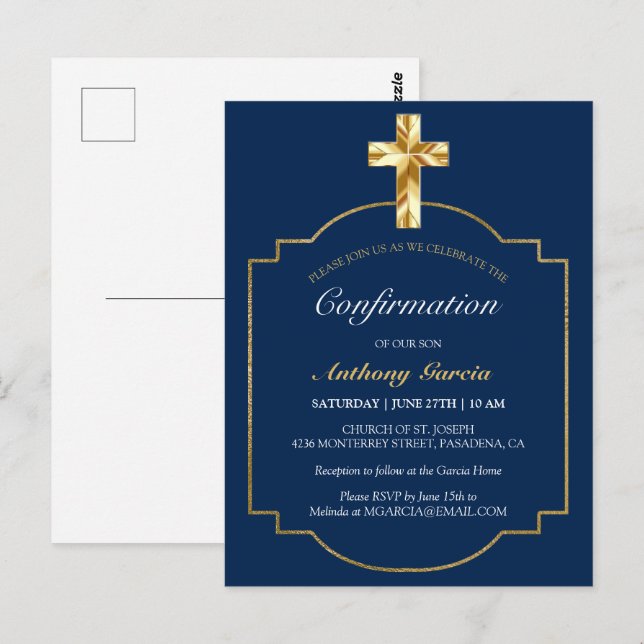Classic Navy Gold Cross Confirmation Invitation Postcard (Front/Back)