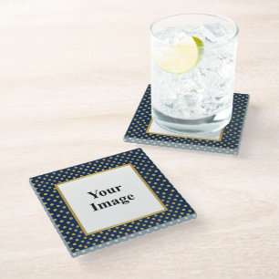 Classic Navy & Gold Polka Dot Frame Photo Glass Coaster