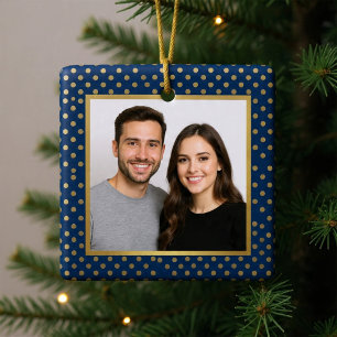 Classic Navy & Gold Polka Dot Frame Photo Xmas Metal Tree Decoration