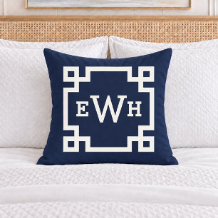 Classic Navy Greek Key Monogram Initial Cushion