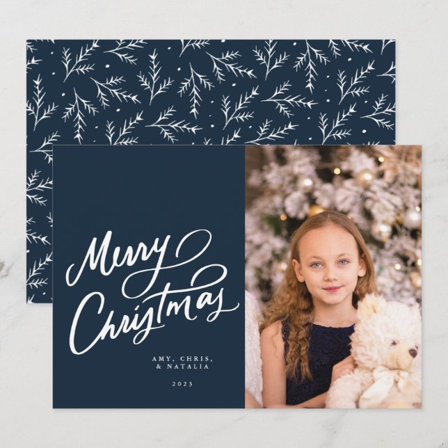 Classic Navy Hand Lettered Merry Christmas Holiday Card (Front/Back)