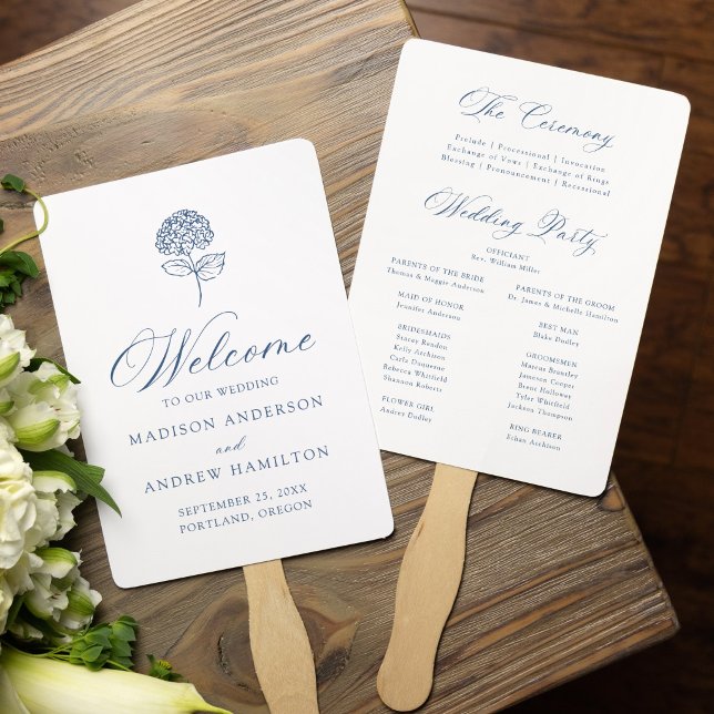 Classic Navy Hydrangea Wedding Program Hand Fan (Creator Uploaded)